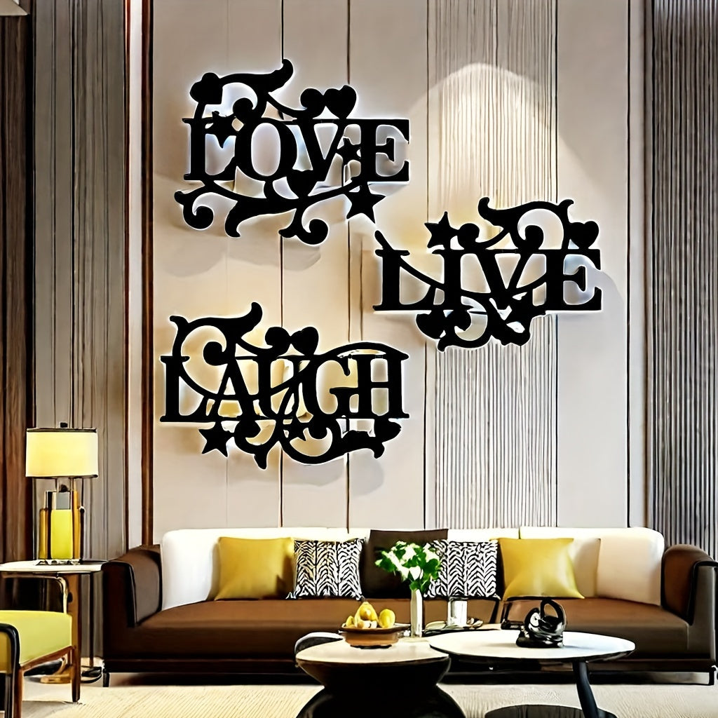 Black Metal Wall Art Love Life Laughter 3 Piece Letter Sign Silhouette Wall Decor for Living Room Bedroom Kitchen Modern Home Decoration