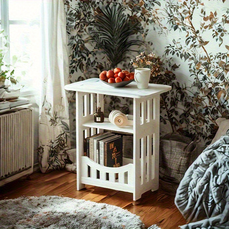 Compact Modern Bedside Table with Open Shelf Space Saving Nightstand Minimalist Storage Rack for Bedroom Dorm Office Living Room Easy Assembly White