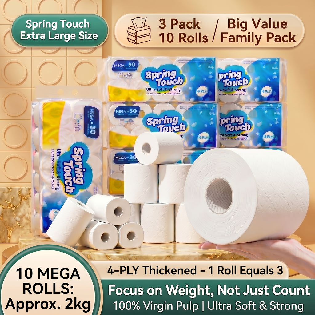 4-Ply Ultra-Soft Toilet Paper Bulk Rolls - Virgin Wood Pulp, Thick & Strong, No Flakes, Gentle on Skin, 10 / 20 / 30 Roll Packs for Home, Office & Hotel Bathrooms
