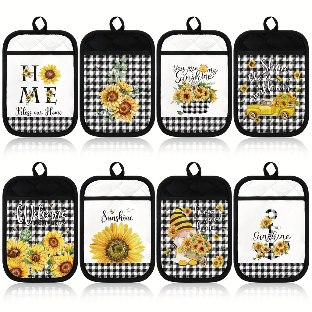 8-Piece Pot Holders Set with Pocket – Buffalo Plaid Oven Mitts, Sunflower Hot Pads & Cookie Bag, Farmhouse Kitchen Gift for Christmas, Baking & Cooking