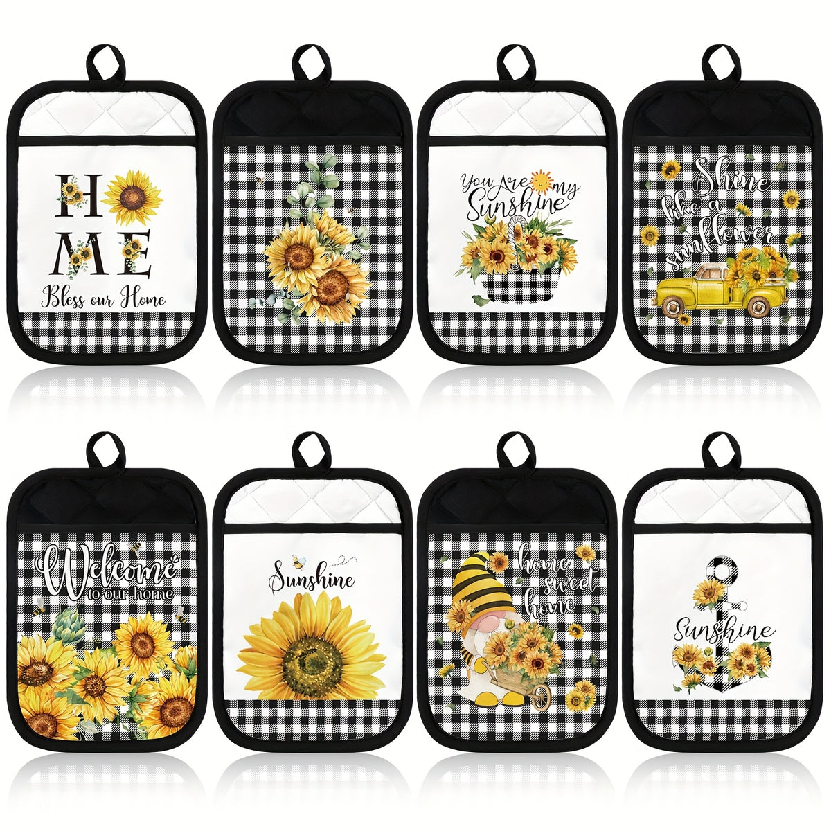 8-Piece Pot Holders Set with Pocket – Buffalo Plaid Oven Mitts, Sunflower Hot Pads & Cookie Bag, Farmhouse Kitchen Gift for Christmas, Baking & Cooking