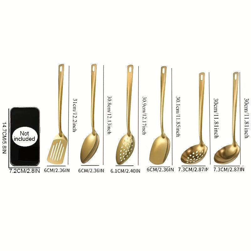 6-Piece Korean Style Stainless Steel Kitchen Utensil Set Golden Plated Cooking Spoons Frying Spatulas Hot Pot Clips with Filters