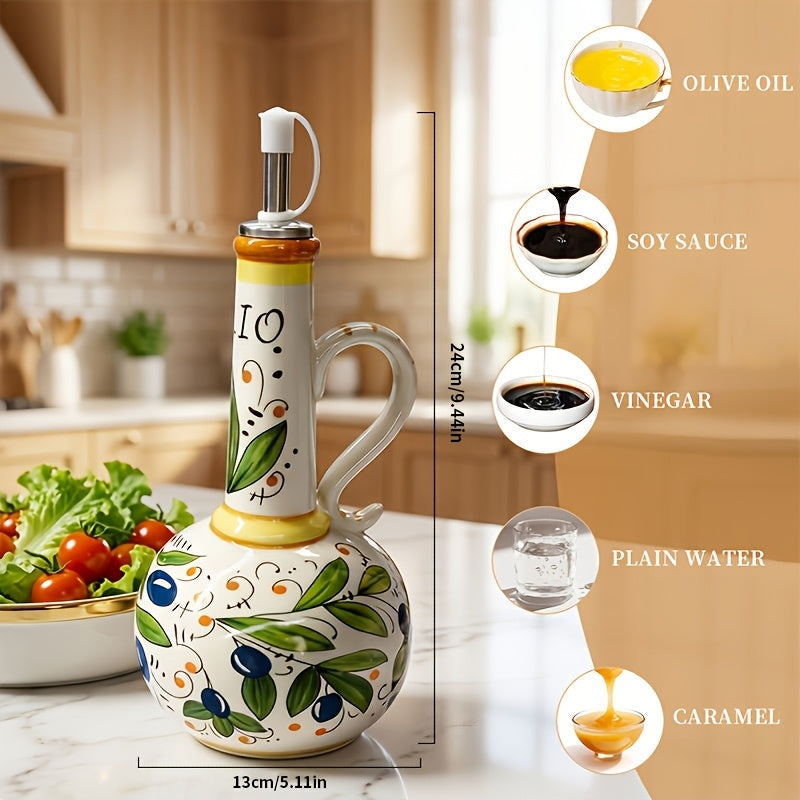Hand-Painted Ceramic Oil & Vinegar Dispenser Set, Anti-Drip Leak-Proof Underglaze Kitchen Condiment Bottles with Oil Spout & Foot Pad, Artisan Table Serveware, Great Housewarming Gift