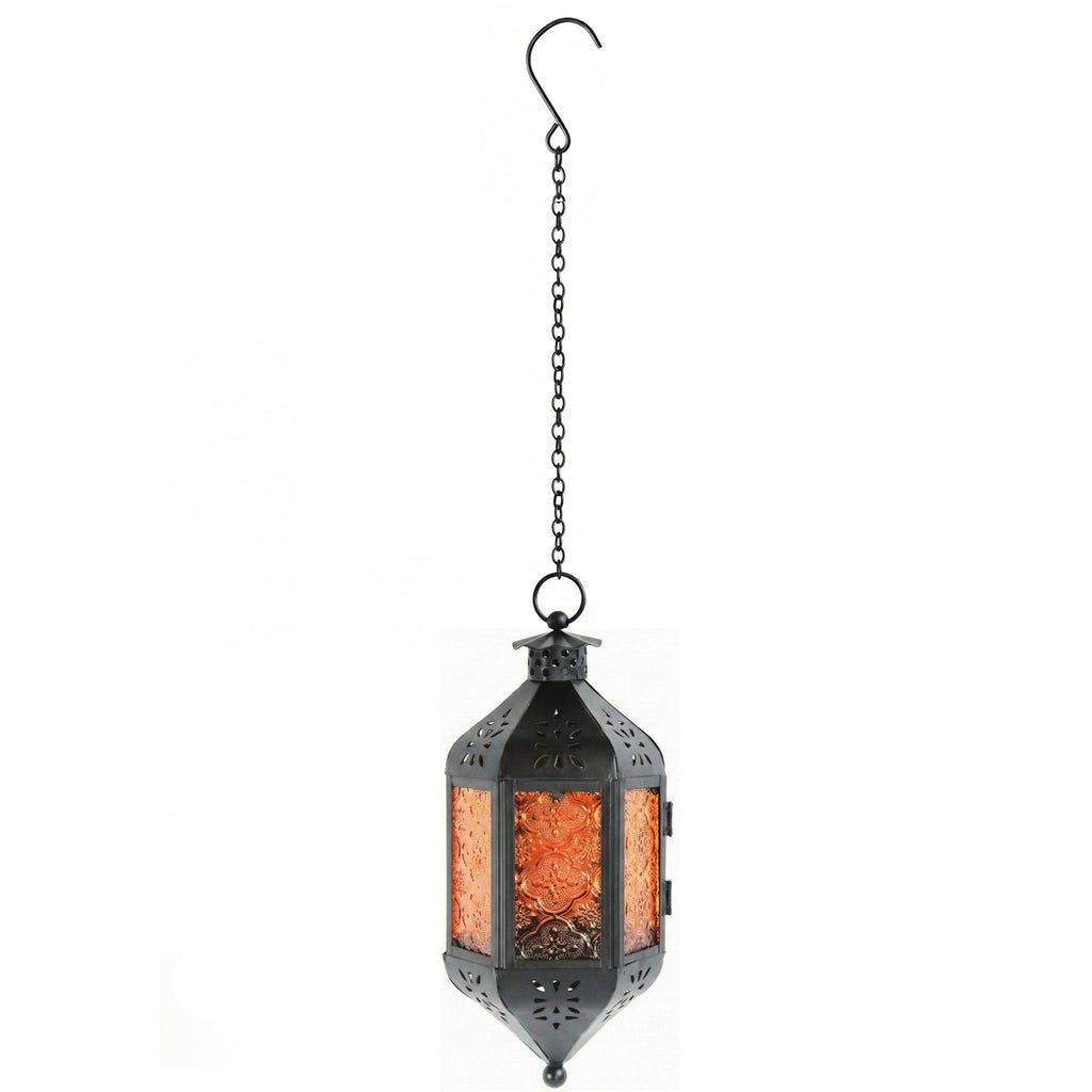 Moroccan Hanging Candle Lantern with Chain – Vintage Boho Style Iron & Glass Tealight Holder for Home, Patio, Garden, Wedding & Ramadan Decor (23.5" Overall)