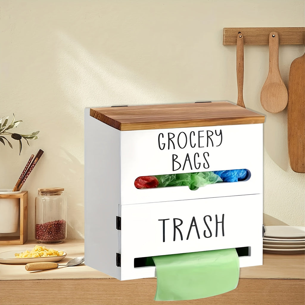 2-in-1 Wooden Garbage Bag Dispenser & Organizer - Wall-Mount or Cabinet Hanging Bag Holder for Kitchen & Bathroom, Large Capacity, White or Black