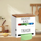 2-in-1 Wooden Garbage Bag Dispenser & Organizer - Wall-Mount or Cabinet Hanging Bag Holder for Kitchen & Bathroom, Large Capacity, White or Black