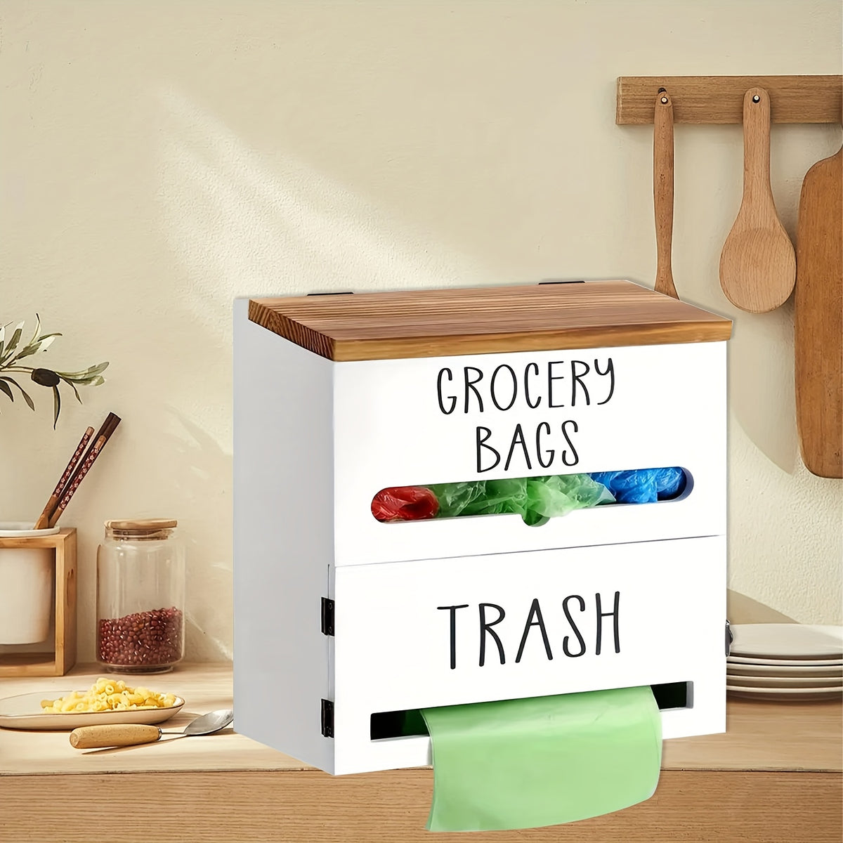2-in-1 Wooden Garbage Bag Dispenser & Organizer - Wall-Mount or Cabinet Hanging Bag Holder for Kitchen & Bathroom, Large Capacity, White or Black