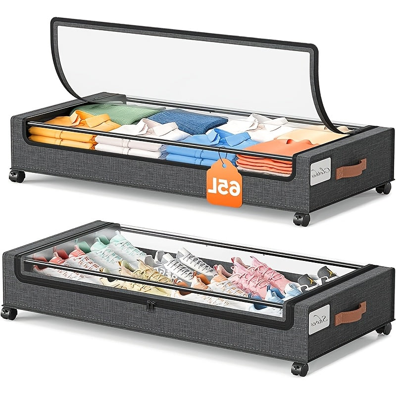 Wheeled Under-Bed Storage Box | Metal Rolling Drawer Organizer for Clothes, Shoes, Blankets & Bedding – Black & Gray, 1PC or 2PC Set