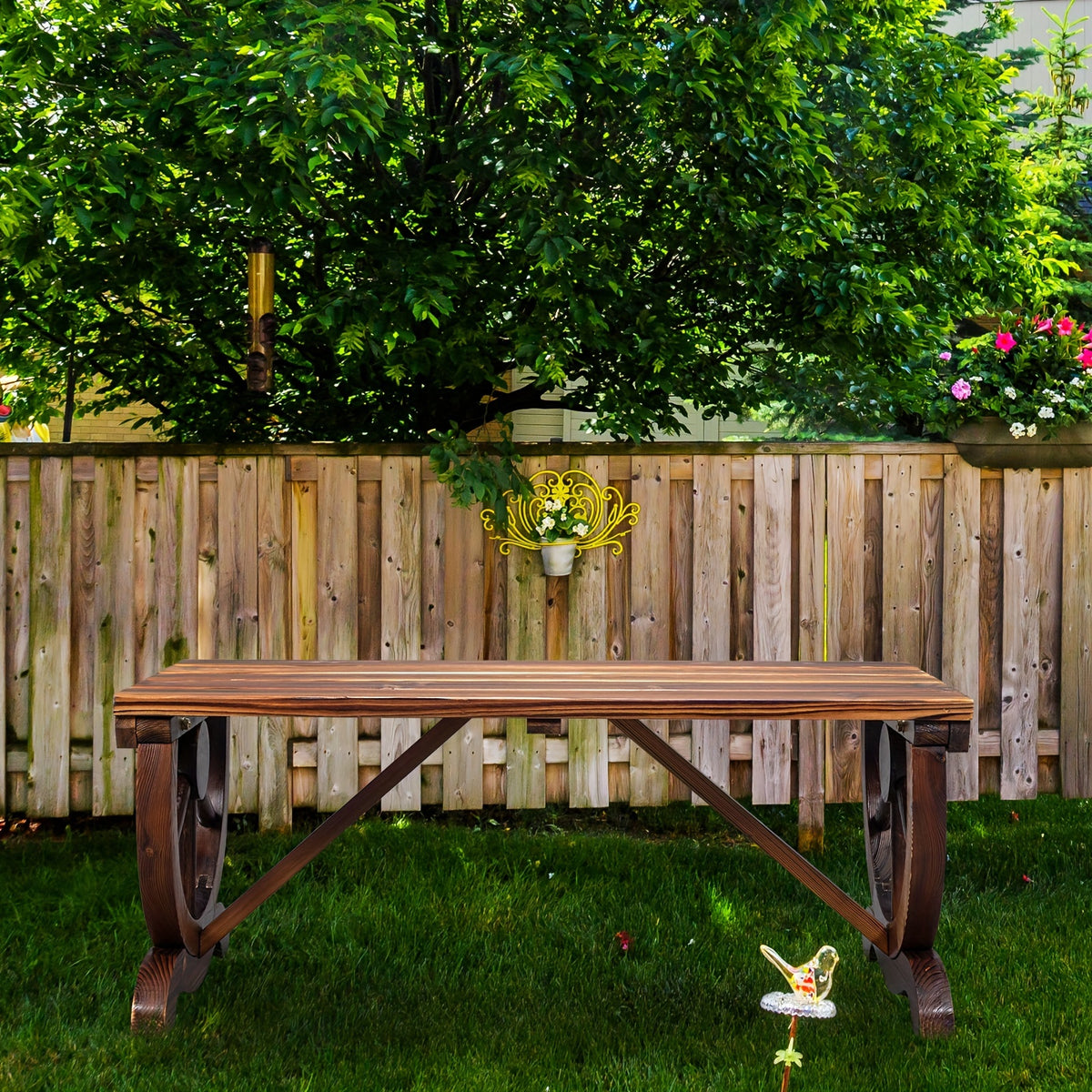 Rustic Hardwood Garden Bench 2-Person Wagon Wheel Design – Heavy-Duty Wide Seat & Curved Backrest Outdoor Patio Bench for Porch & Backyard