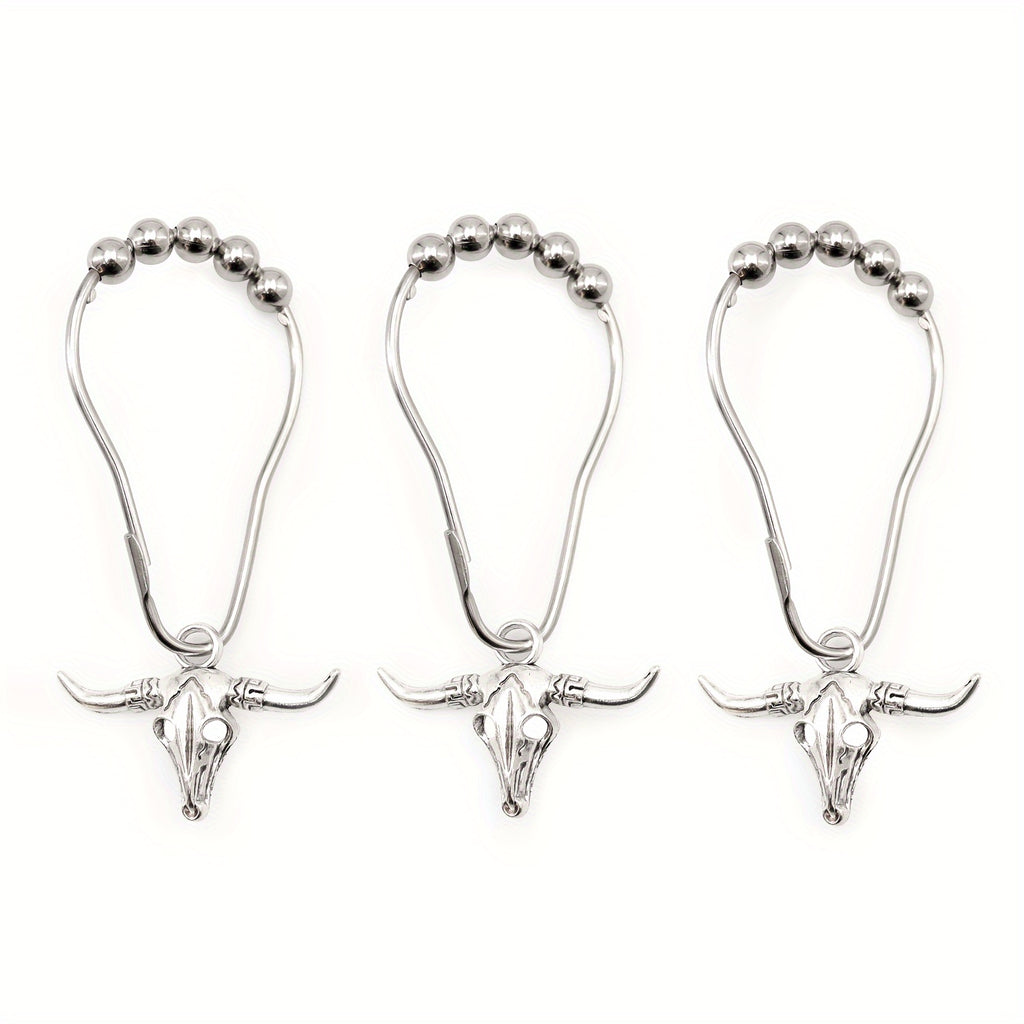 Bull Skull Metal Shower Curtain Hooks – 5-Bead Roller Rings, Smooth Gliding & Rustproof | Durable Decorative Hooks for Shower Curtains & Grommet Curtains