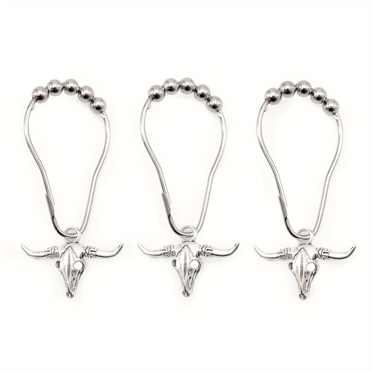 Bull Skull Metal Shower Curtain Hooks – 5-Bead Roller Rings, Smooth Gliding & Rustproof | Durable Decorative Hooks for Shower Curtains & Grommet Curtains