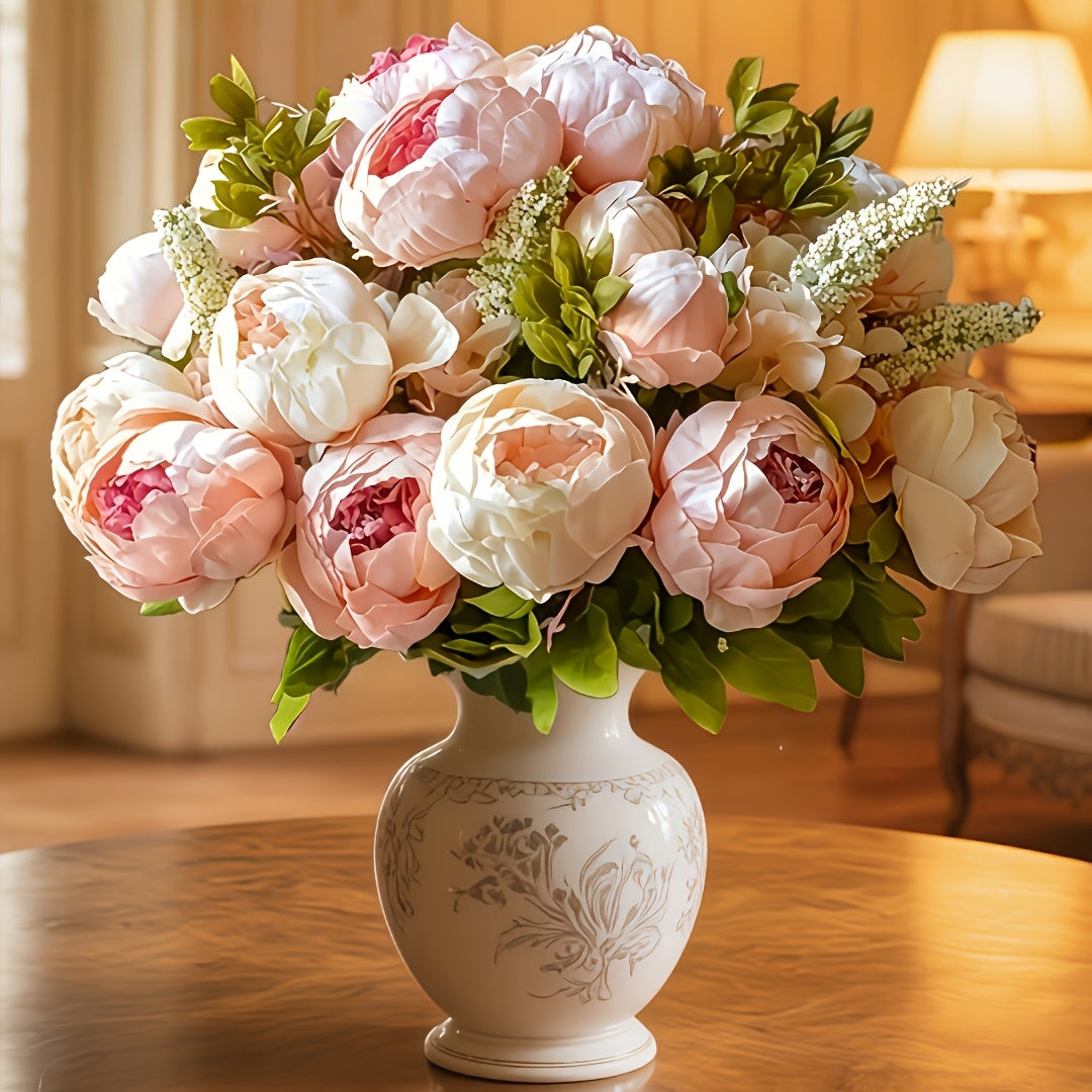 Faux Peonies and Hydrangeas Floral Centerpiece Vintage Rustic Pink Green Mix Artificial Flowers for Bridal Wedding Table Home Living Room Decor