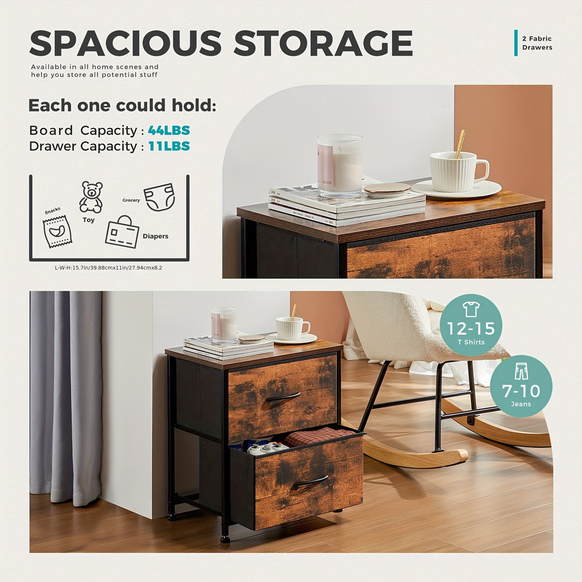 Nightstand with 2 Drawers & Removable Fabric Bins - Small Bedside Dresser for Bedroom, Dorm, Entryway & Small Spaces, 1pc or 2pcs Set, 4 Colors
