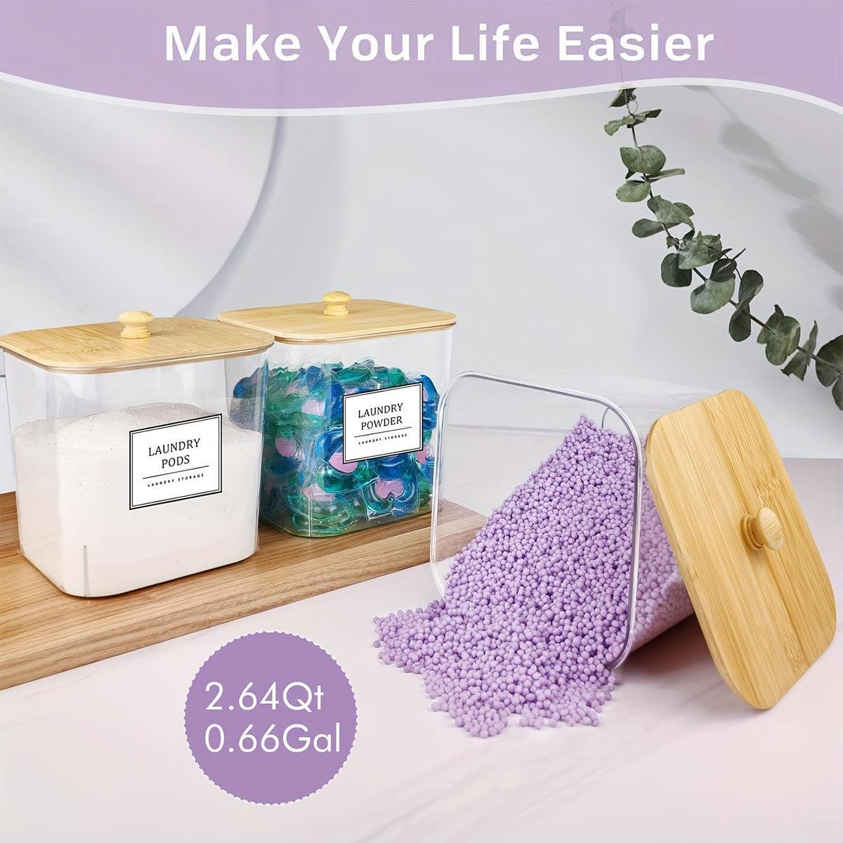 Laundry Storage Containers 4 Pack with Wooden Lids & Labels – Large Clear Rectangular Organizer Bins for Detergent Pods, Scent Boosters & Laundry Powder, Durable Plastic Laundry Room Organization