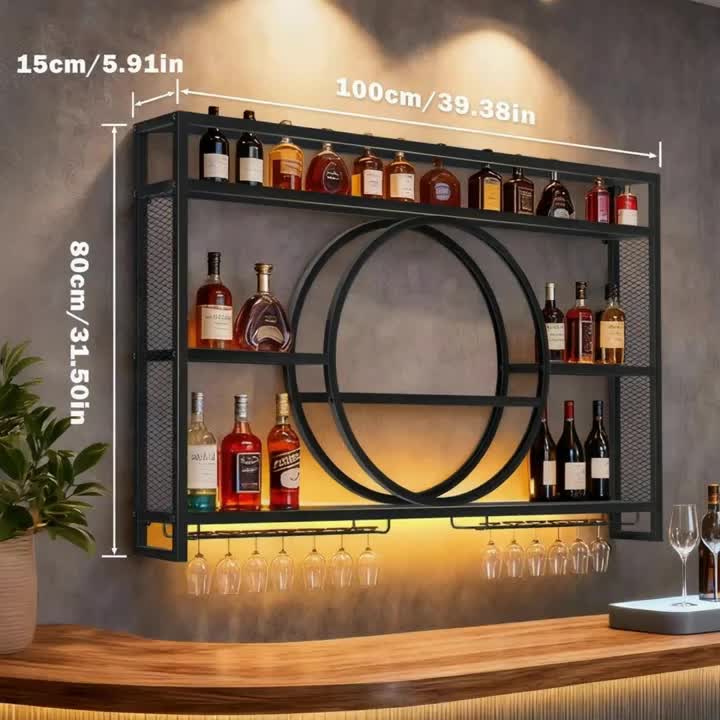 39 Inch Wall Mounted Bottle Rack with LED Lighting – 3 Tier Wine Glass Holder Floating Bar Shelf in Gold or Black for Kitchen Living Room & Home Bar