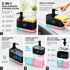 Kitchen Soap Dispenser with 2 Sponges & Dish Brush Holder | BPA-Free Refillable Transparent Pump Dispenser for Sink | Compact Square Design | Black or White