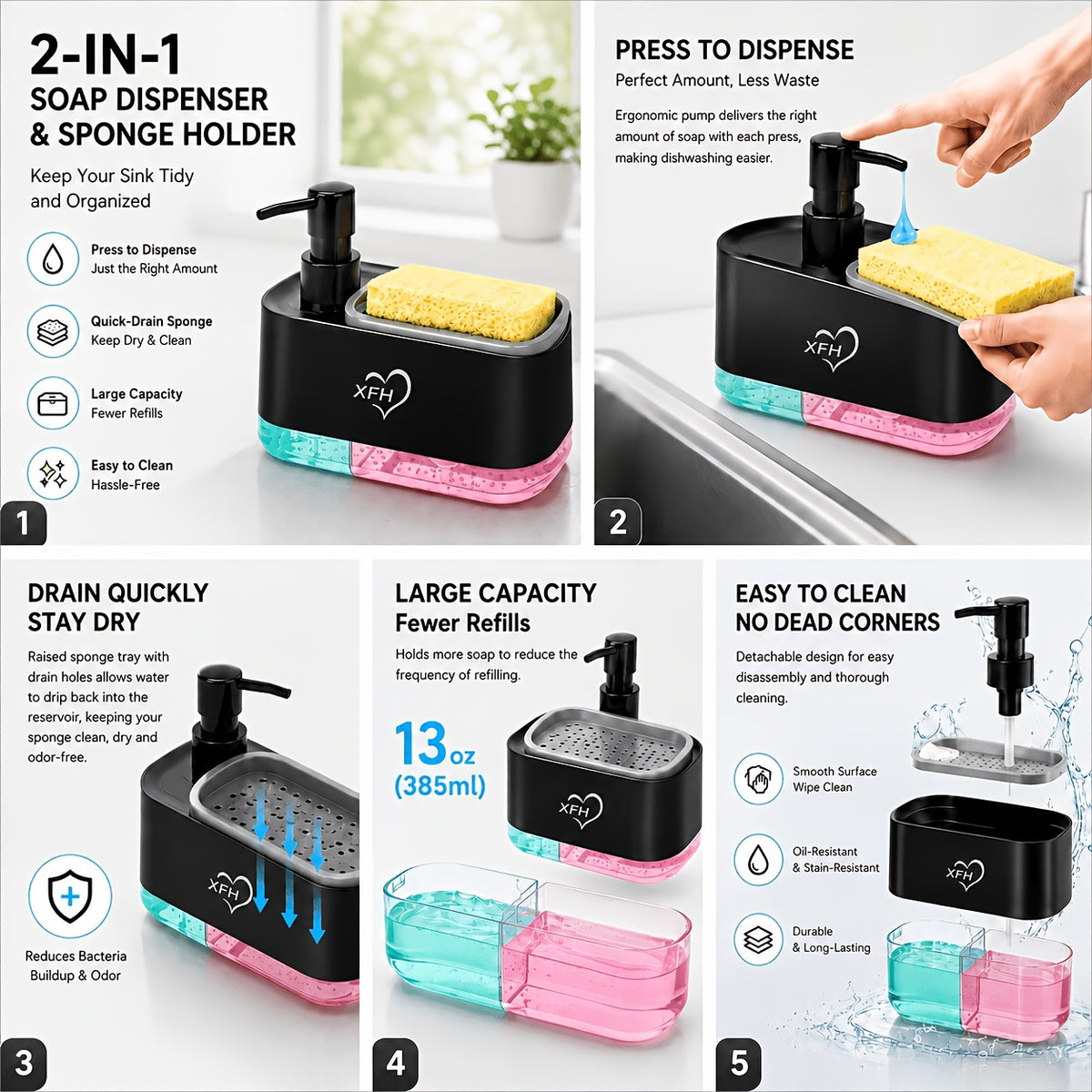 Kitchen Soap Dispenser with 2 Sponges & Dish Brush Holder | BPA-Free Refillable Transparent Pump Dispenser for Sink | Compact Square Design | Black or White