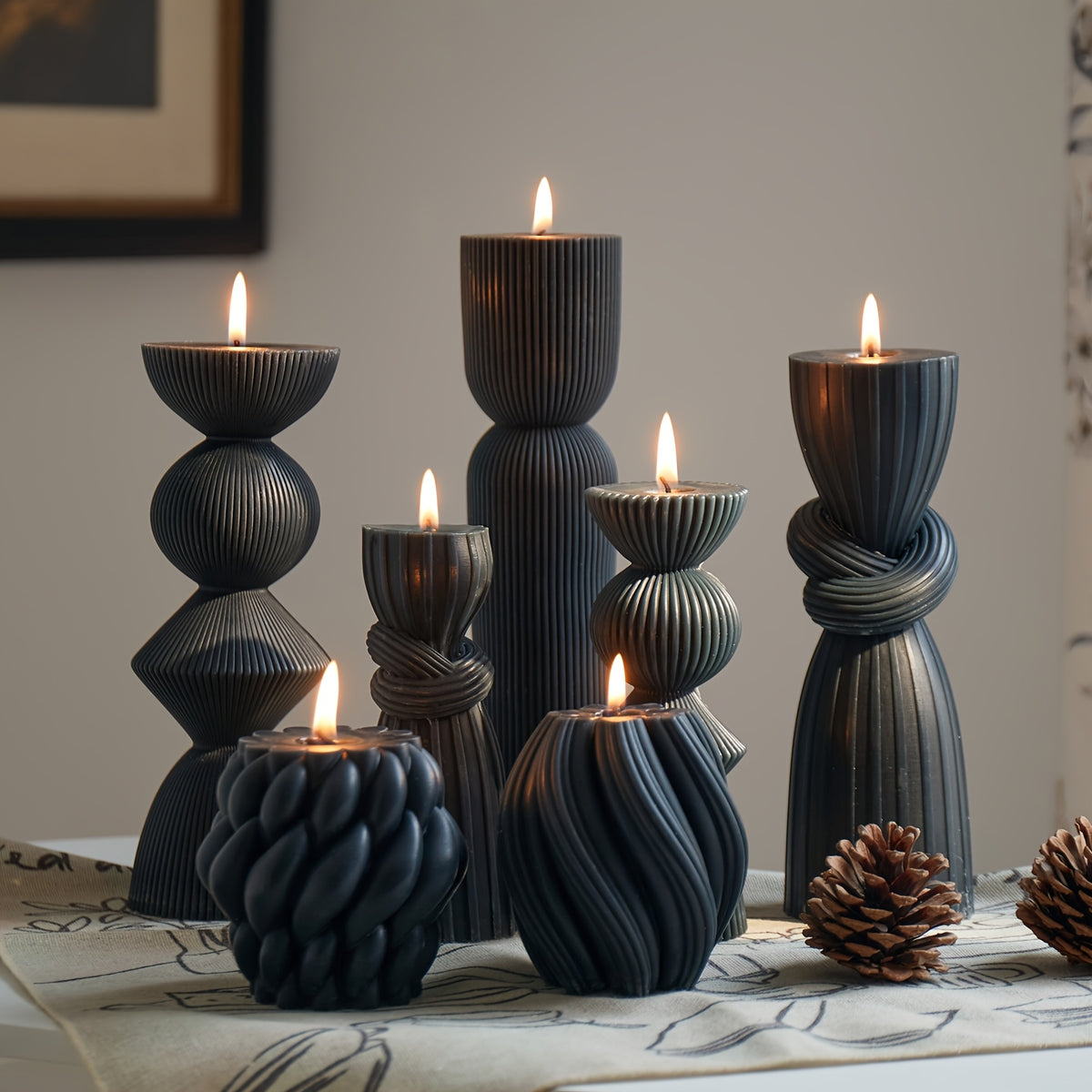 7-Pack Large Ribbed Soy Wax Pillar Candles – Handmade Home Decor Candles for Housewarming Gift, Shelf Decor, Wedding & Dining Table Centerpiece, White, Blue, Black, Orange
