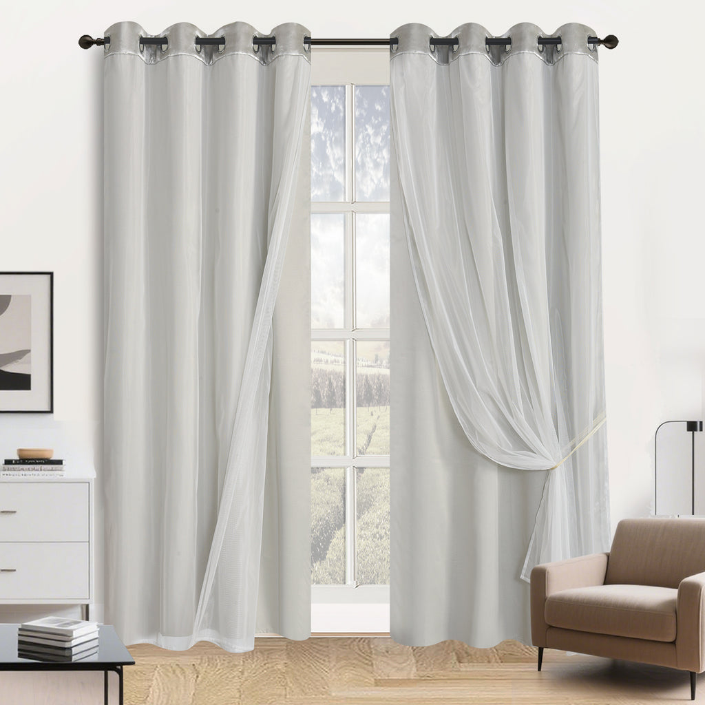 Double Layer Curtains Snowflake Embroidered Sheer Voile + Room Darkening Grommet Drapes – Thermal Insulated Tiebacks Included | 7 Colors Pack of 2