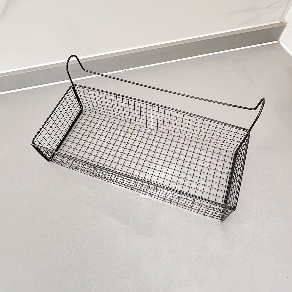 Door Back Hanging Mesh Basket Black Metal Storage Rack – Woven Mesh Iron Frame Over-Door Space-Saving Organizer for Dormitory, Bedroom & Wardrobe, Multi-Functional Shelf Basket