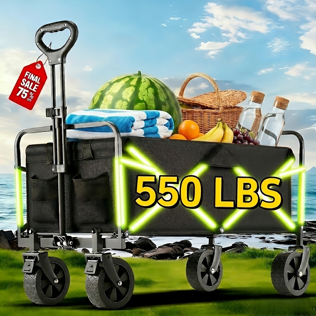 Heavy Duty Folding Utility Cart Wagon with All-Terrain Wheels, 680LBS Capacity Outdoor Camping Garden Shopping Yard Beach Sports Equipment Collapsible Wagon