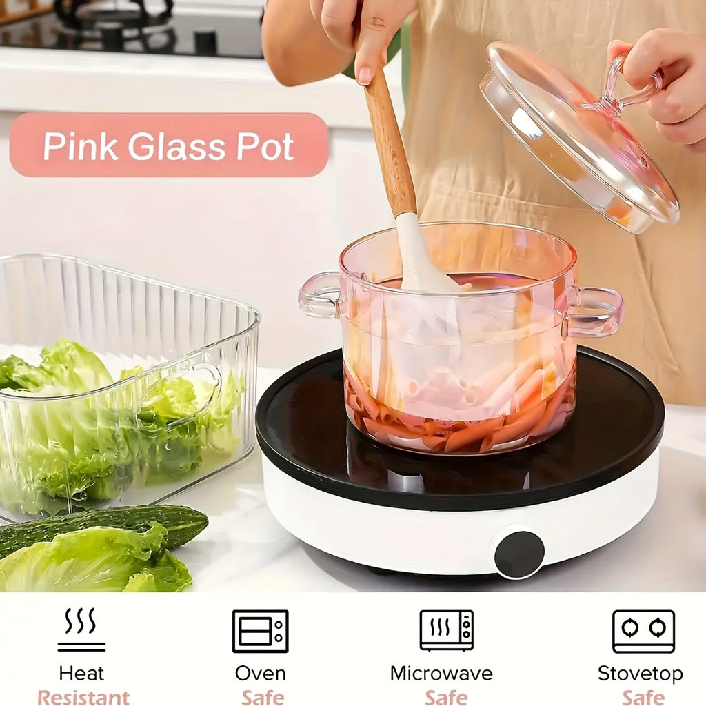 Heart-Shaped Borosilicate Glass Cooking Pot – 50oz Non-Stick Stew Pot with Lid, Heat-Resistant, Dishwasher Safe, Pink Love Design