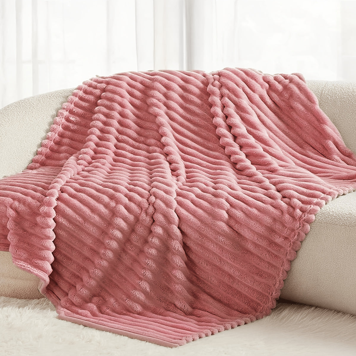 Faux Rabbit Fur Throw Blanket Ultra Soft Fluffy Striped Plush Blanket for Couch Bed Sofa Luxury Warm Winter Blanket Pink Light Brown