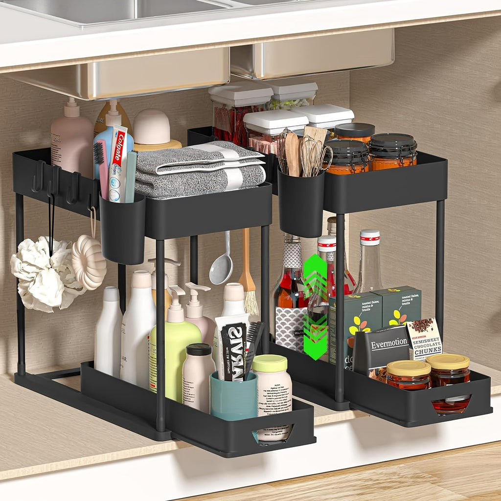 Bathroom Shelves Set of 2 – Punch-Free Retractable 2-Tier Storage Rack with Hooks & Hanging Cups for Bathroom, Kitchen & Laundry