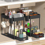Bathroom Shelves Set of 2 – Punch-Free Retractable 2-Tier Storage Rack with Hooks & Hanging Cups for Bathroom, Kitchen & Laundry