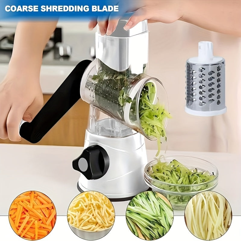 3-in-1 Manual Rotating Cheese & Vegetable Slicer with Interchangeable Drum – Handheld Stainless Steel Grater, Peeler & Chopper for Potatoes, Carrots, Cheese | Camping & Kitchen Use
