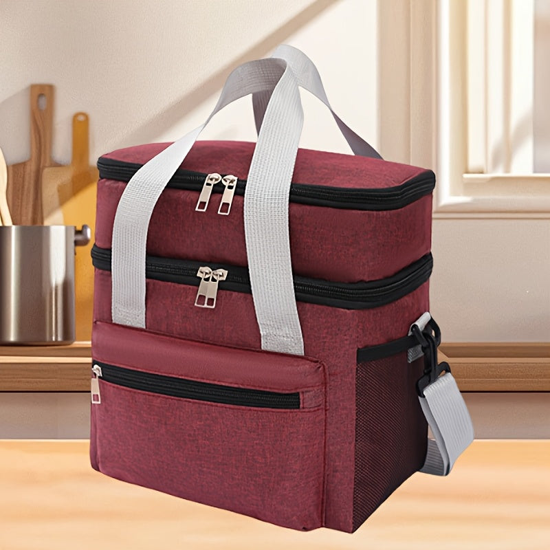 Large Capacity Insulated Lunch Bag with Shoulder Strap Double Pocket Thickened Cooler Tote for Work School Picnic Beach Men Women Black Grey Burgundy