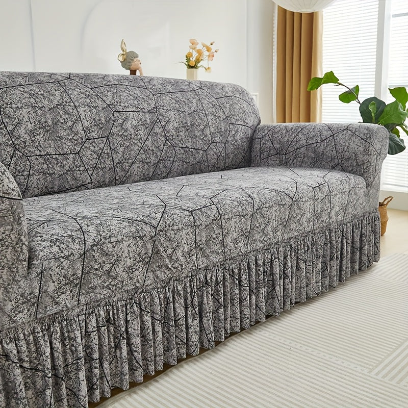 Printed Elastic Skirt Sofa Cover Slipcover with Bottom Skirt | Stretch Fitted Couch Protector for Living Room, Single 2-Seater 3-Seater 4-Seater