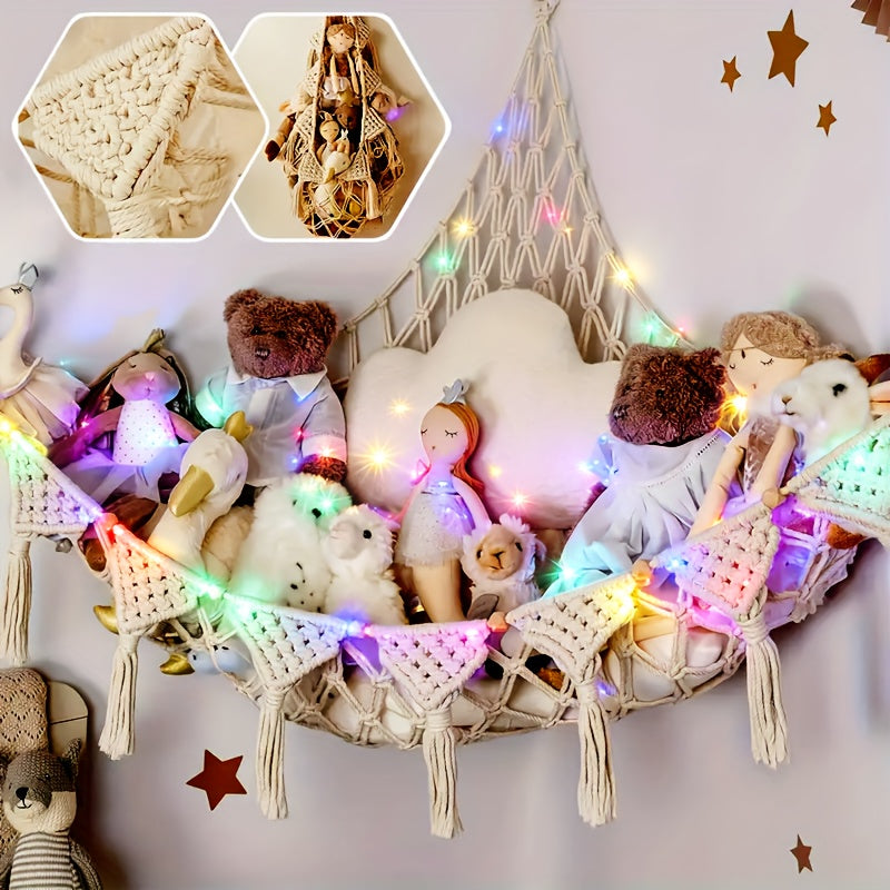 Stuffed Animal Storage Net with LED Lights – Corner Hanging Plushie Organizer for Kids Bedroom & Nursery, Jumbo Doll Net Room Decor, Holiday Gift for Children