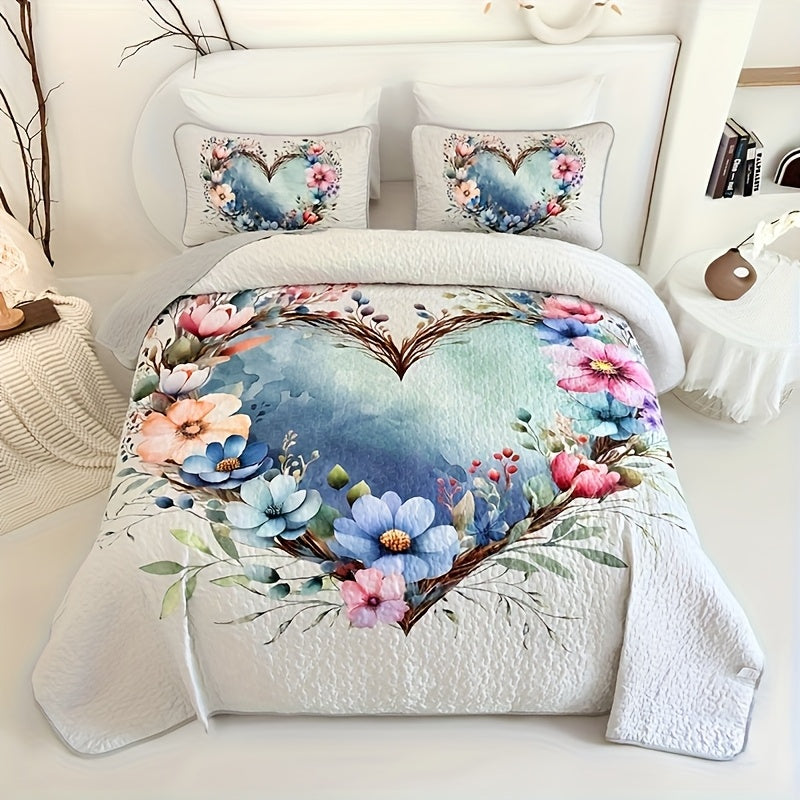 Floral Quilt Set 2 or 3 Piece – Colorful Flowers & Plants Quilted Bedspread with Pillowcases, Soft Breathable Hypoallergenic Machine Washable Bed Cover Twin Queen King