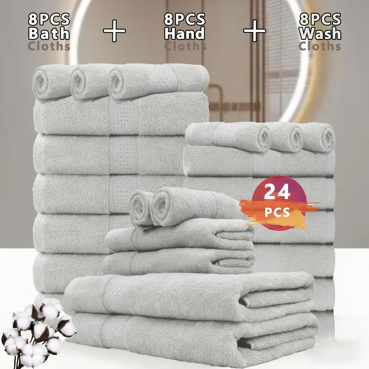100% Cotton Bath Towel Set 12 & 24 Piece – 450 GSM Soft Absorbent Towels with Bath Towels, Hand Towels & Washcloths | Spa Quality for Home, Travel & Gifts