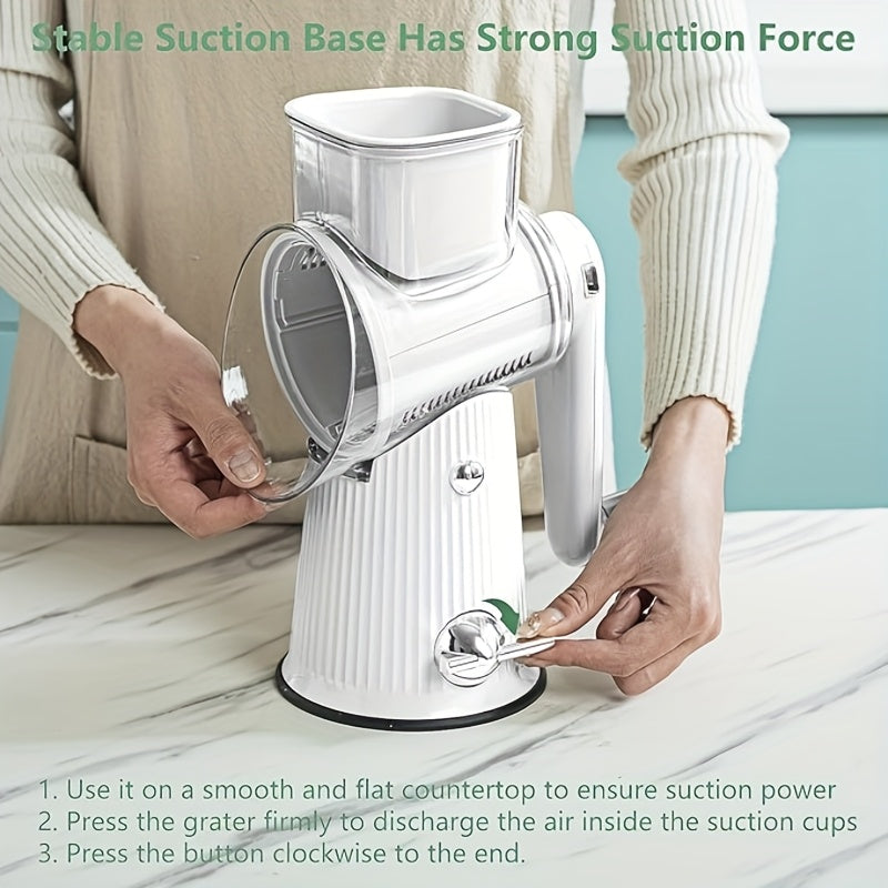 5-in-1 Rotary Cheese Grater with Interchangeable Blades, Suction Cup Base & Handle – Manual Vegetable Slicer Shredder for Cheese, Fruits, Nuts & Vegetables – Easy Clean Kitchen Tool Set