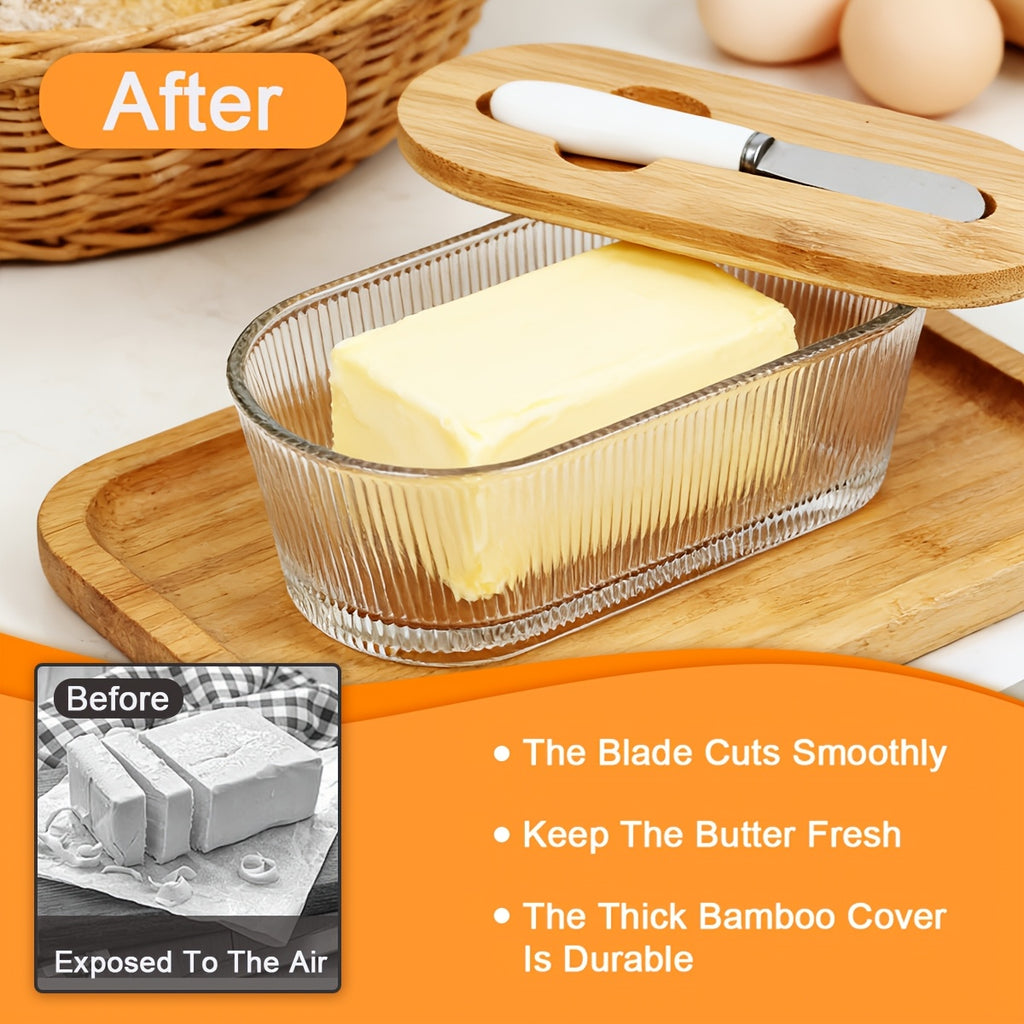 Airtight Glass Butter Dish with Lid Stripe and Crystal Pattern Butter Keeper for Countertop and Refrigerator Hygienic Covered Butter Tray for Kitchen Storage
