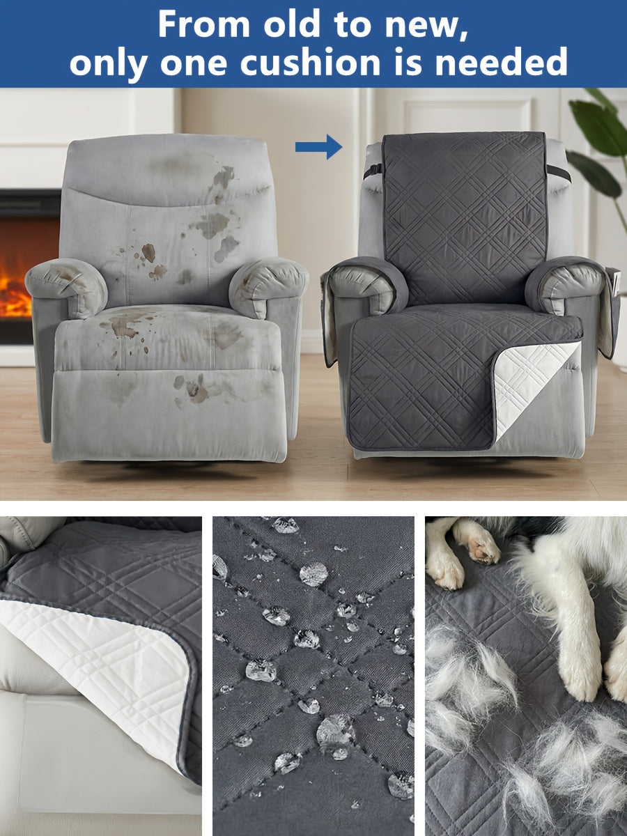 Quilted Recliner Cover with Side Pocket Anti-Slip Elastic Band Pet Furniture Protector – Easy to Install Sofa Recliner Slipcover for Living Room, All-Season Home Decor