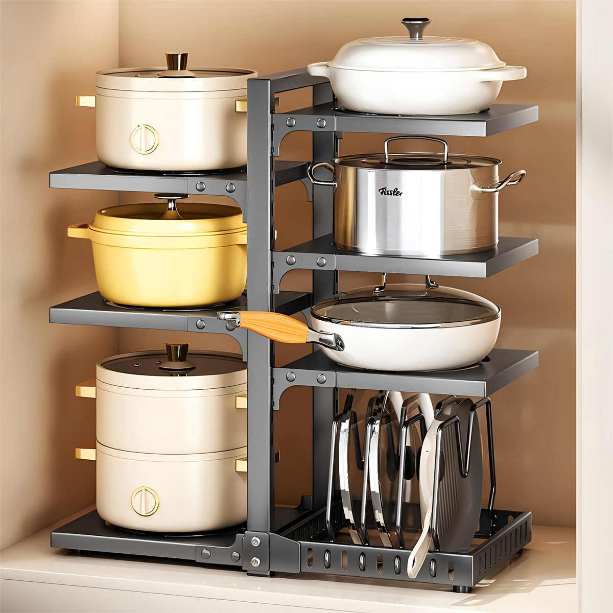 Kitchen Pot Rack Organizer – Multilayer Adjustable Metal Pan Holder, Cutting Board Storage, Detachable Shelves, Space-Saving Countertop Rack for Pots, Pans & Lids