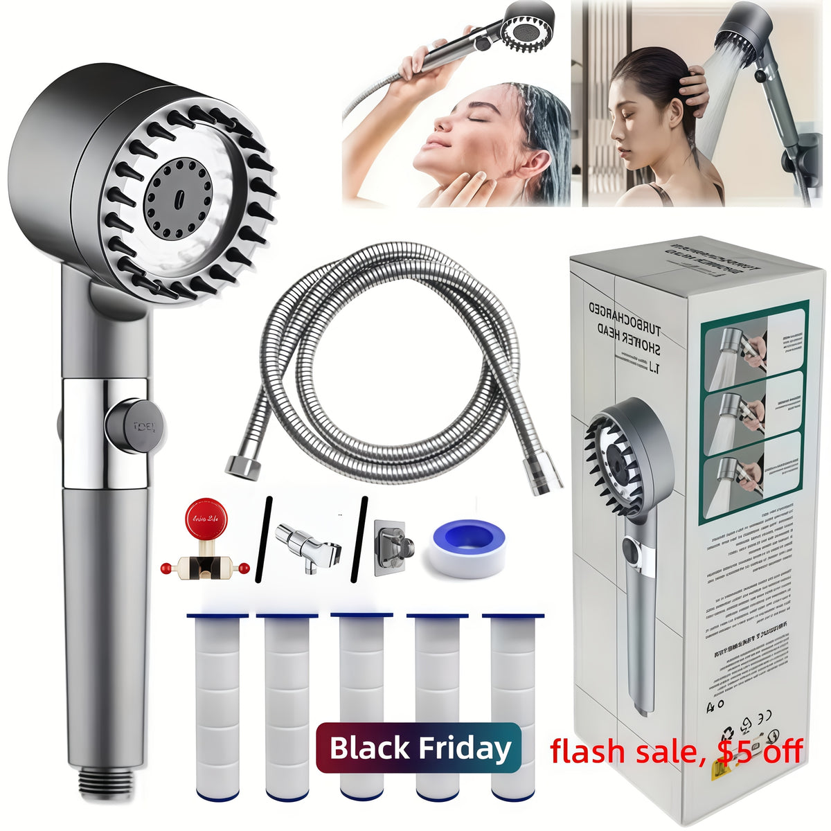 Filtered Shower Head and Hose Set 9-Piece with 3-Stage Filter, High-Pressure Rainfall & Handheld Combo, 3 Spray Settings, Wall-Mounted, 59-Inch Hose – Includes 5 Replacement Filters