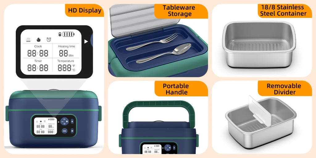 Cordless Electric Heating Lunch Box 1.5L/50.72oz - 304 Stainless Steel, 24000mAh Rechargeable Battery, Adjustable Temp & Timer, Office Picnic Car Travel, Fork Spoon Divider Included, Black White Yellow Blue