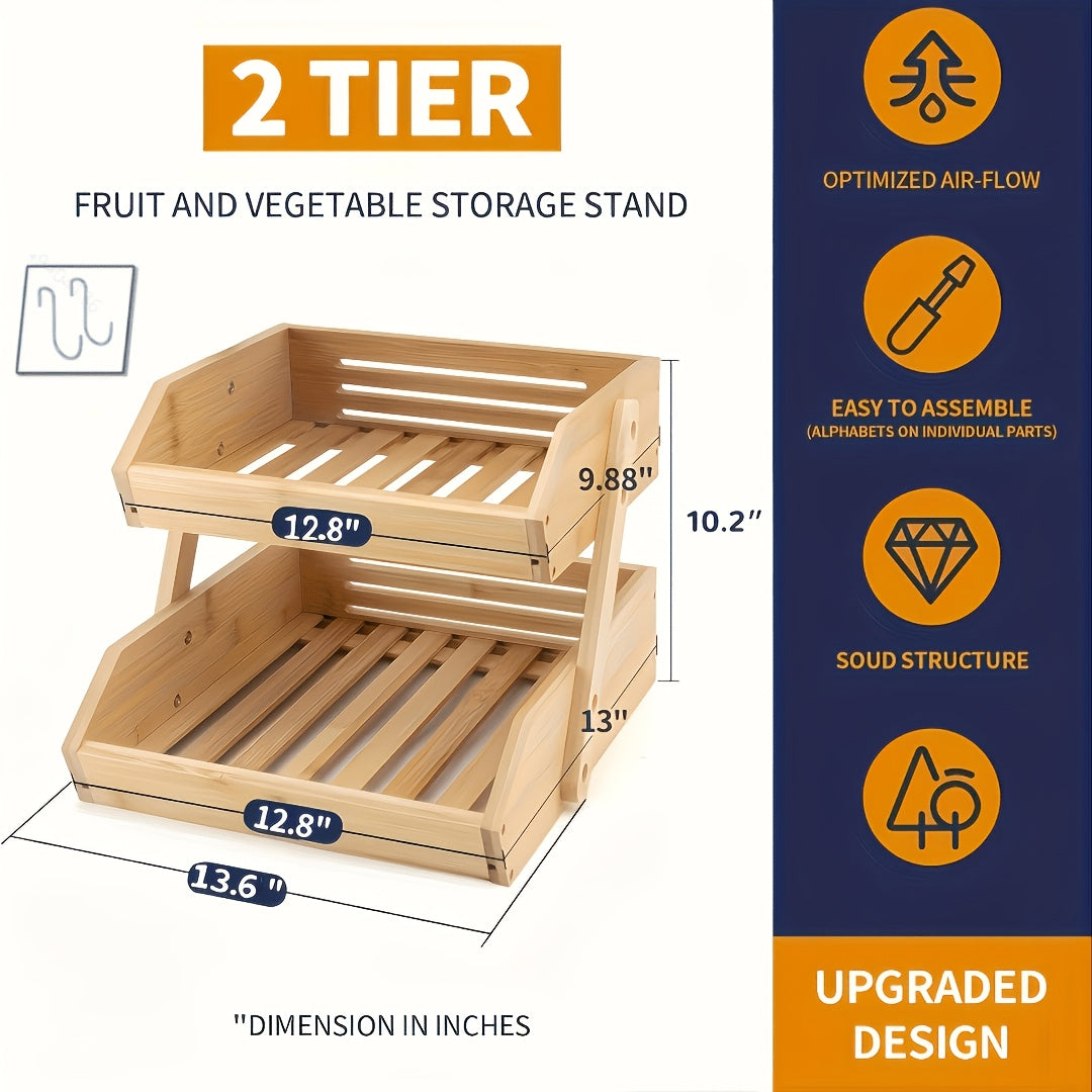 Bamboo Fruit Basket Stand 2 3 Tier Kitchen Countertop Organizer Produce Vegetable Bread Storage with Banana Hook Non-Slip Pads Easy Assembly