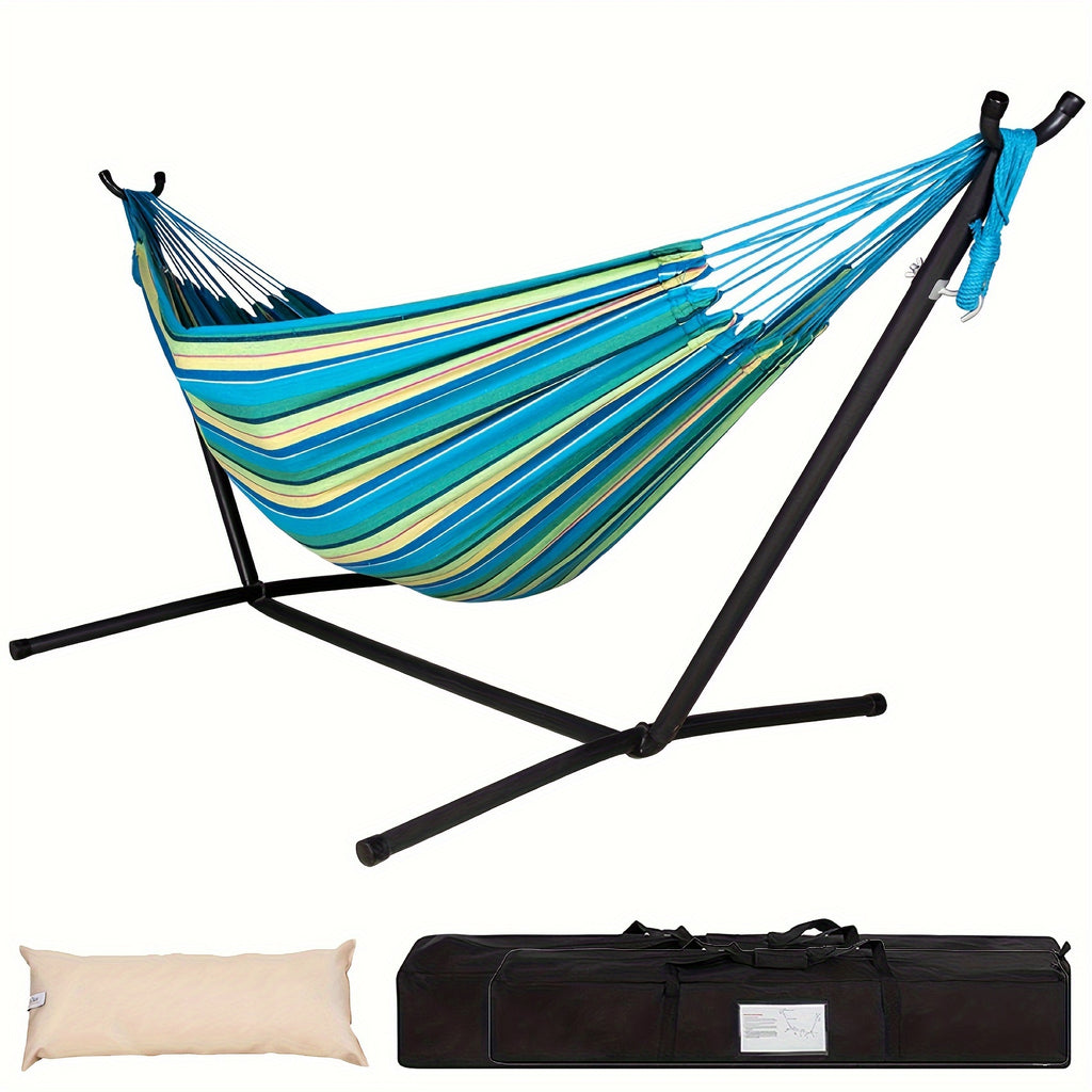 Heavy-Duty Double Hammock with Steel Stand – 450 lbs Capacity, 100% Linen Canvas, Carry Case & Head Pillow Included, No Assembly, Portable for Patio, Backyard, Camping & Balcony | 4 Colors