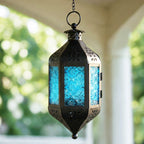Moroccan Hanging Candle Lantern with Chain – Vintage Boho Style Iron & Glass Tealight Holder for Home, Patio, Garden, Wedding & Ramadan Decor (23.5" Overall)
