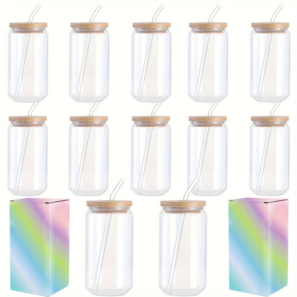 Sublimation Glass Tumbler Bulk Set 12 Pack with Bamboo Lid Straw & Brush – 16oz Clear or Frosted Cups for DIY Crafts, Parties & Everyday Drinking