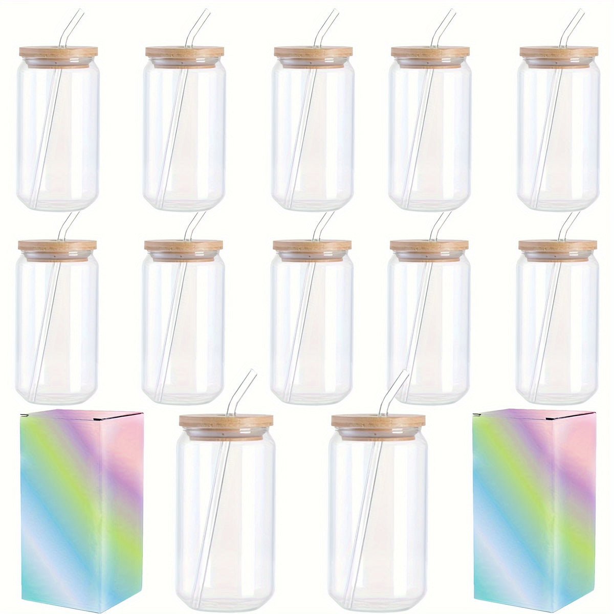 Sublimation Glass Tumbler Bulk Set 12 Pack with Bamboo Lid Straw & Brush – 16oz Clear or Frosted Cups for DIY Crafts, Parties & Everyday Drinking