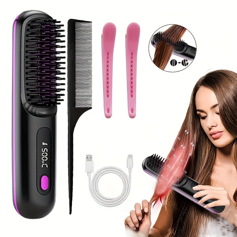 Portable Wireless Hair Straightener Comb USB Rechargeable 3-Speed Temperature Control Negative Ion LED Display Travel Hair Straightener Brush with Comb and Clip