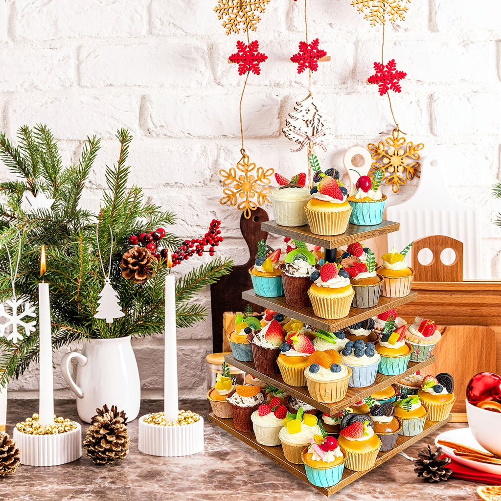 4 Tier Wood Cupcake Stand 360 Rotating Dessert Tower for 50 Cupcakes Farmhouse Tiered Cake Stand for Wedding Birthday Baby Shower Tea Party