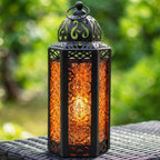 Moroccan Candle Lantern Holder Medium 10.5 Inch – Handcrafted Glass Iron Metal Lantern with Embossed Floral Panels, 17 Colors, Indoor Outdoor Use for Ramadan, Wedding, Patio, Diwali & Home Decor