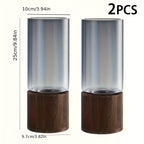 Wooden Glass Vases Set of 2 – 10 Inch Tall Cylindrical Boho Rustic Vases with Wood Base for Fireplace Mantel, Living Room Centerpiece, Bedroom, Kitchen & Desk Decor